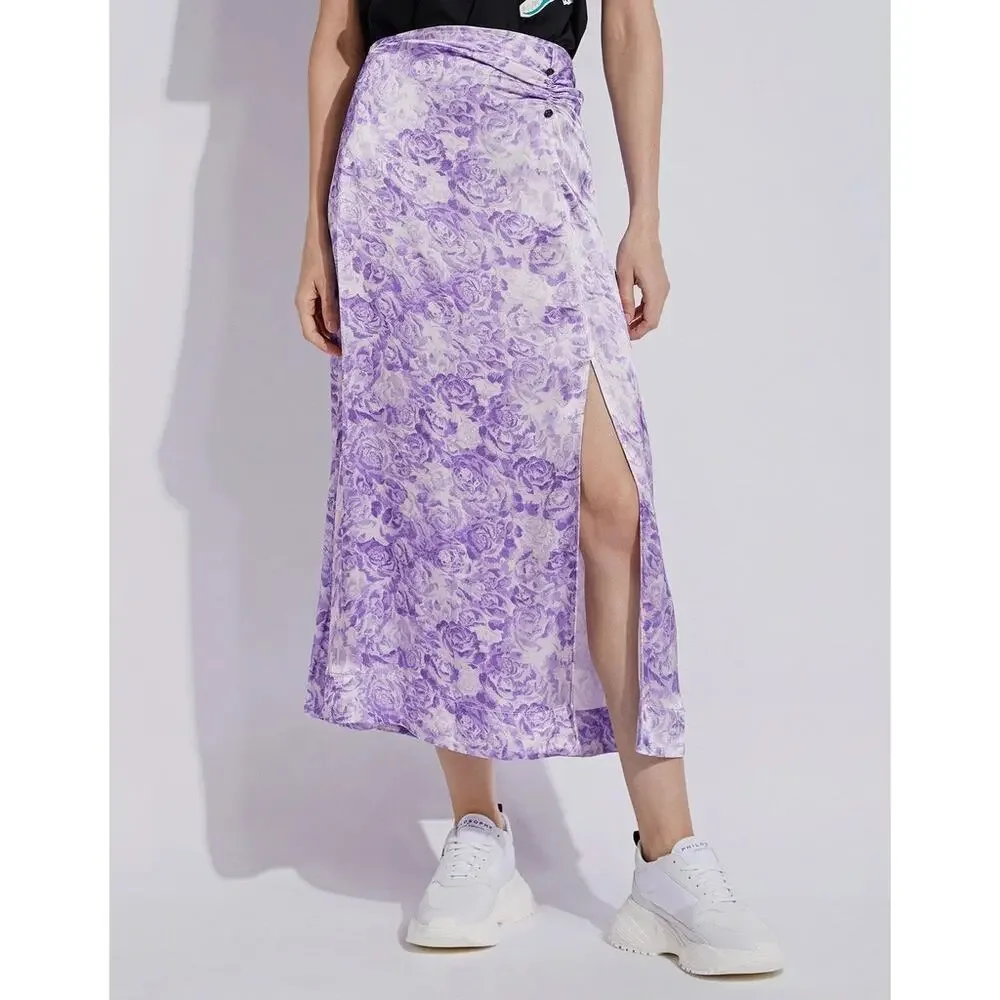 GANNI Heavy Satin Top + Pierced Detail Skirt Set violet tulip size 42 US 10/12